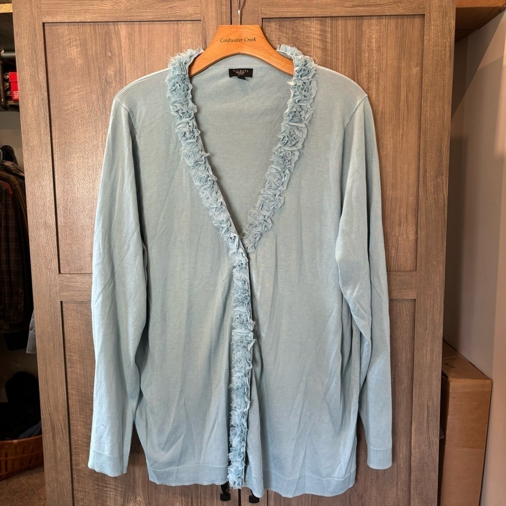 Talbots Woman 3X Cardigan Sweater V Neck Ruffle Trim Snap Front Blue